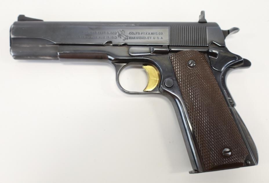 WW1 Colt Model Of 1911 U.S. Army .45 ACP Pistol: WW1 1918 Colt Model of 1911 U.S. Army semi-automatic pistol in .45 ACP. The blue finish pistol has a 5" barrel and is in nice condition, looks to be re-blued. SN: 485106. FFL required for transfer. (6