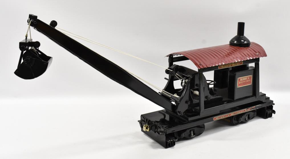 T-Repro Buddy L Outdoor Railroad Dredge Car: T-Reproduction Buddy L Outdoor Railroad dredge car. The car is in good condition with some peeling to the decals. Measures approximately 33" long.