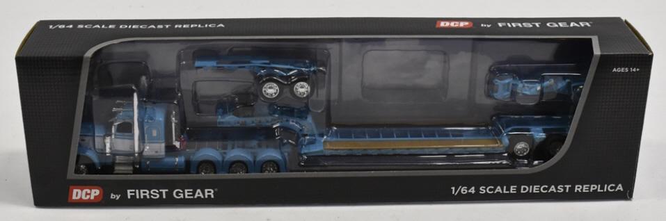 1/64 First Gear Peterbilt With Lowboy Trailer: 1/64 scale First Gear by DCP Peterbilt 36' flattop sleeper with fontaine magnitude lowboy tri-axle trailer with jeep and stinger. Good condition in the box.