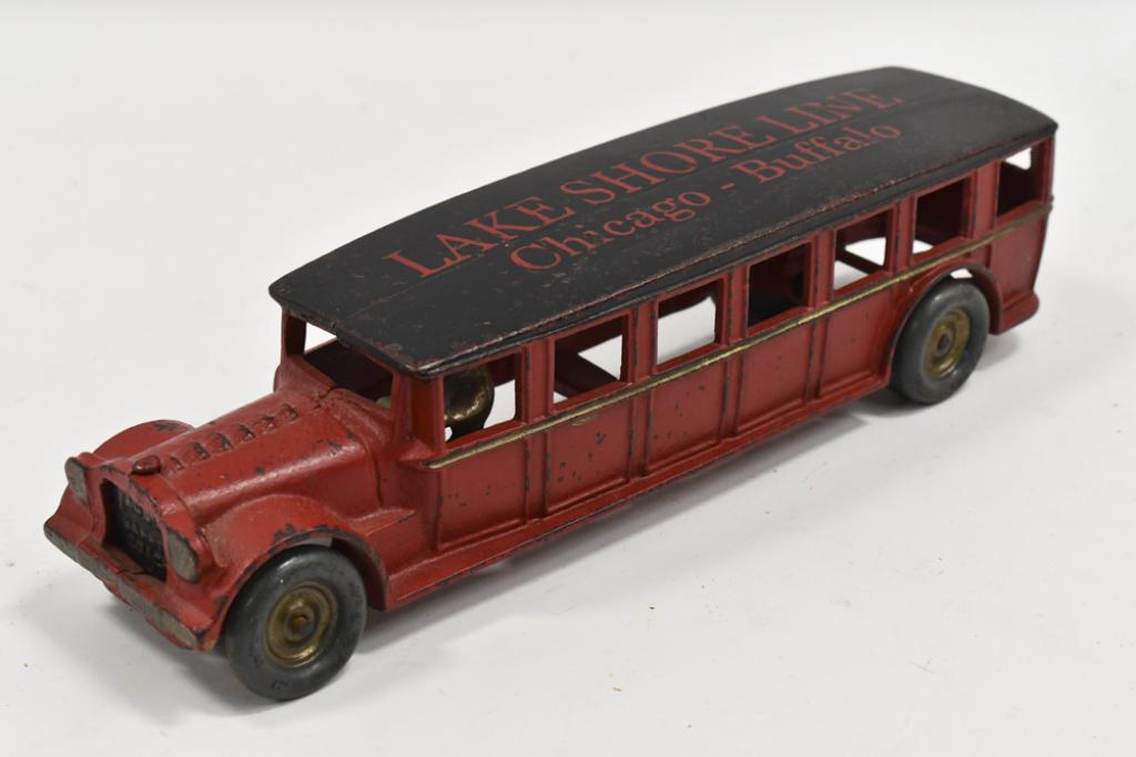 Arcade Cast Iron Chicago Lake Shore Line Bus: Arcade cast iron Chicago Lake Shore Line Fageol safety coach bus. The bus displays very well with Lake Shore Line Chicago - Buffalo lettering on the top of the bus. The bus appears to be professionall