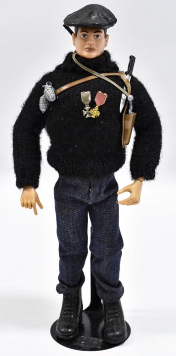 Vintage Hasbro GI Joe French Resistance Fighter: Vintage Hasbro GI Joe French Resistance Fighter. The set comes with shoulder holster with handgun, knife, grenades, submachine gun, and medals. The sweater has some fraying and wear from age. The figu