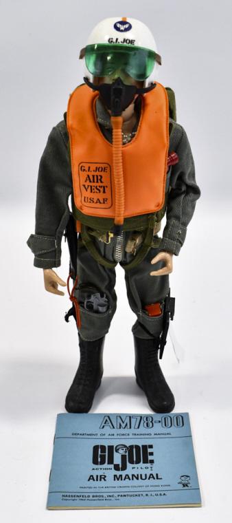 Vintage Hasbro GI Joe Scramble Pilot Set: Vintage Hasbro GI Joe Scramble pilot set with figure. The set comes with air vest, flare gun, flashlight, pistol with holster, clipboard, pack, and crash helmet. The figure has the usual stress cracks