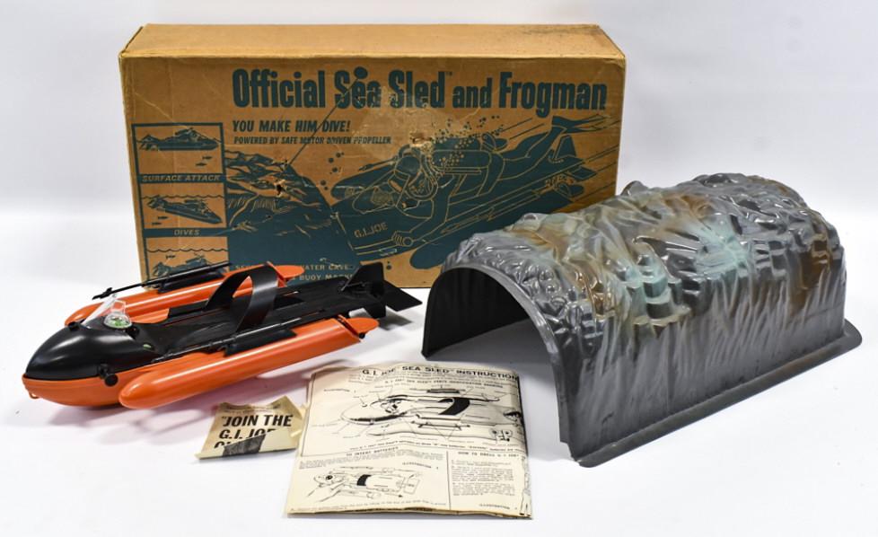 Vintage Hasbro GI Joe Sea Sled & Underwater Cave: Vintage Hasbro GI Joe sea sled and underwater cave with the original box and sled instructions. The box has some punctures and wear from age. The cave and sled appear to be in overall good condition w