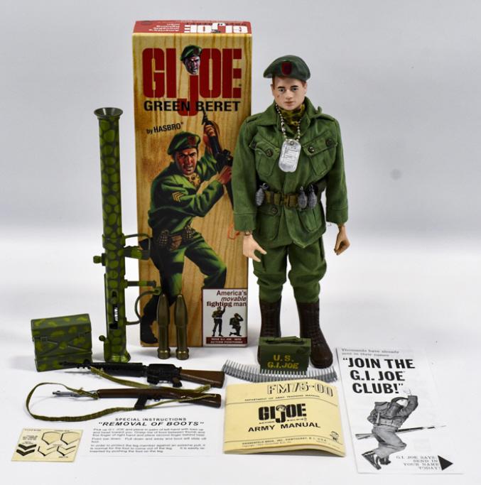 Vintage Hasbro GI Joe Green Beret w/ Repro Box: Vintage Hasbro GI Joe Green Beret with reproduction box. The figure comes with bazooka, rifle, grenades, ammo crate, and other accesories. The figure has some of the usual cracks and wear from play an