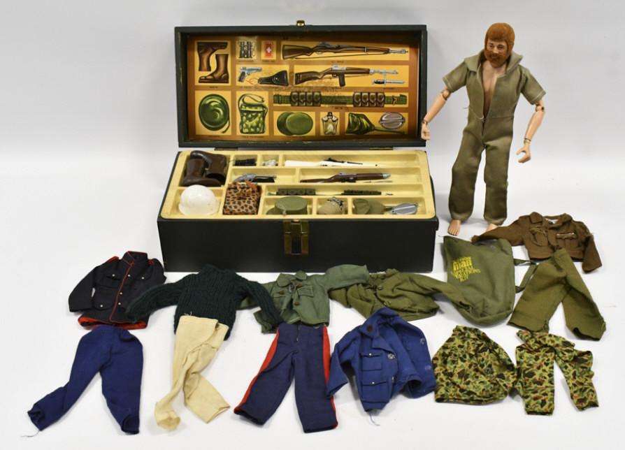 Vintage Hasbro GI Joe Figure w/ Footlocker & More: Vintage Hasbro GI Joe figure with footlocker and accessories / outfits. The footlocker has boots, pistol, binoculars, rifles, bayonet, field telephone, and more. The figure also comes with a few diffe