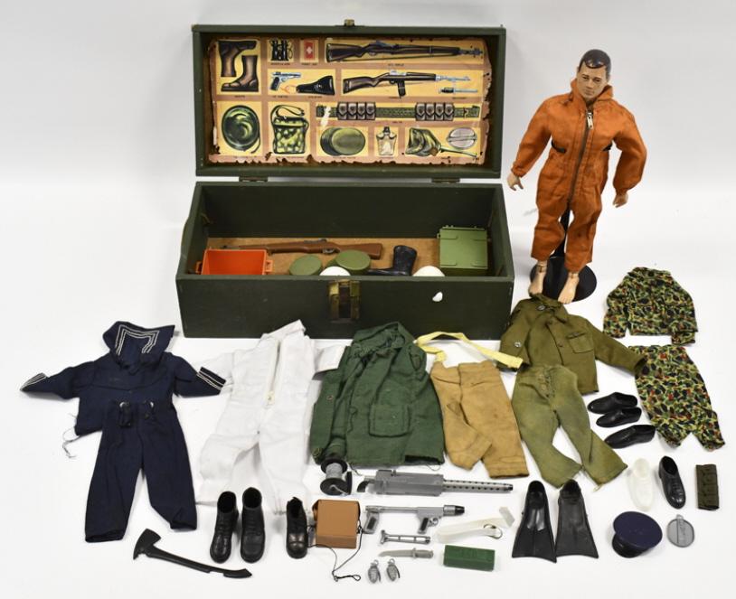 Vintage Hasbro GI Joe Figure w/ Footlocker & More: Vintage Hasbro GI Joe figure with footlocker and accessories / outfits. The figure has the soft head and patent number body. The figure comes with some other outfits and accessories. It includes flare