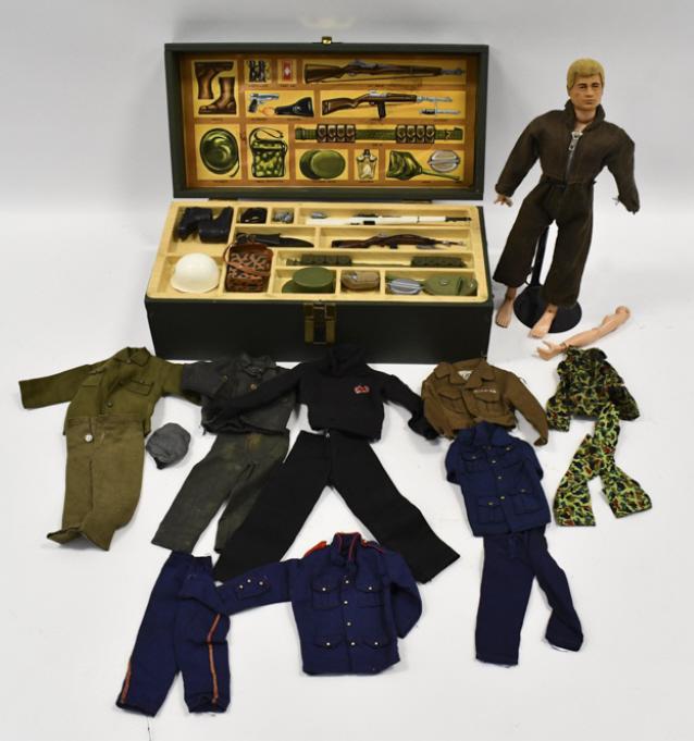 Vtg Hasbro GI Joe Firgure w/ Footlocker & Outfits: Vintage Hasbro GI Joe figure with footlocker and outfits. The footlocker has canteen, bayonet, pistol, boots, helmet, field telephone, and more. The figure also comes with some other outfits. The arms