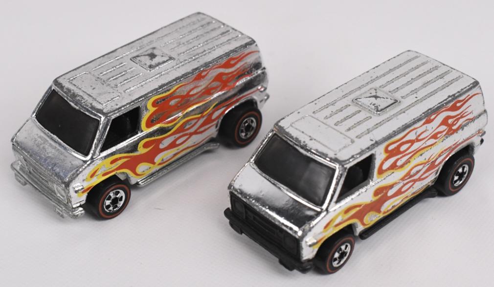 Two Hot Wheels Redline Chrome Super Vans: Two Hot Wheels Redline Flying Colors chrome Super Vans. First has black plastic base, car appears to be in excellent condition with light high edge wear that is hardly noticeable, and excellent wheels
