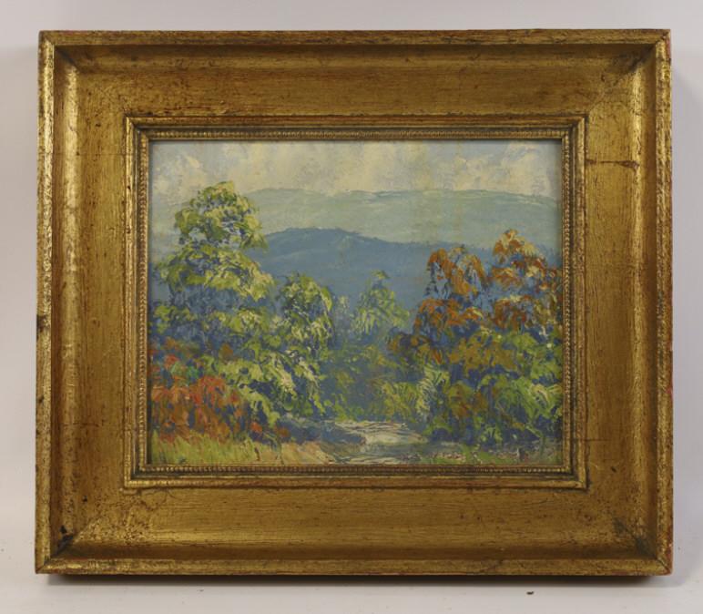 John Hardriick Brown County Landscape Oil On Board: Beautiful oil on board painting by listed Indiana artist John Wesley Hardrick (1891-1968). The painting features a Brown County, Indiana hills landscape. Unsigned. Sight measures approx. 9-1/2" across