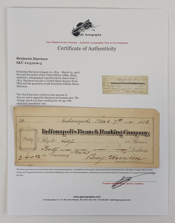 President Benjamin Harrison Signed Check (1 of 7)