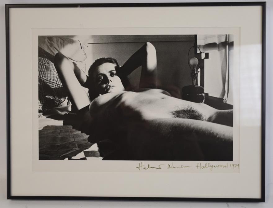 Helmut Newton Nude Photograph of 'Fiona Lewis': Helmut Newton signed nude black and white photograph of Fiona Lewis. Dated 1979. Signed Lower right, Helmut Newton Hollywood 1979. Sight Measures 21.5" across 10.5" tall. Framed measures 18.5" across 