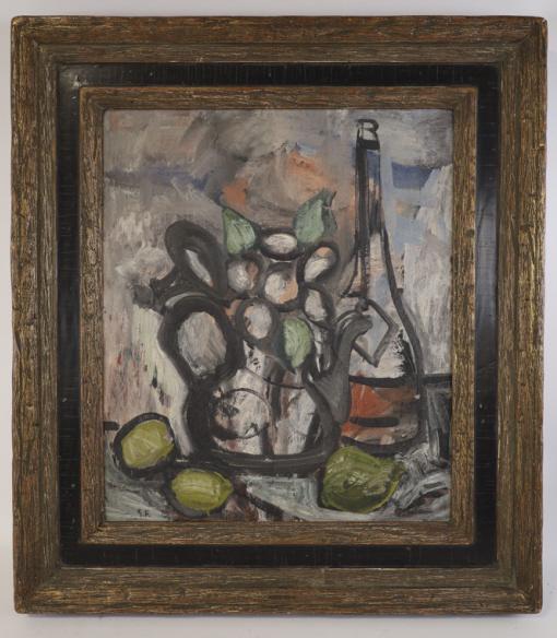 Georges Rouault Abstract Still Life Oil On Board: Georges Rouault Signed Abstract still life oil on Board. Painting features a teapot of flowers and wine bottle. Painting is in nice condition. Signed, GR, lower left. Sight Measures 17" across 20" tal