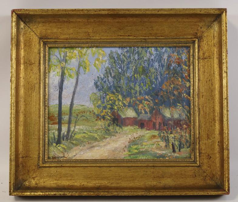 John Hardriick Barns Landscape Oil On Board: Beautiful oil on board painting by listed Indiana artist John Wesley Hardrick (1891-1968). The painting features barns in a rural landscape. Signed in lower left. Sight measures approx. 9-1/2" across
