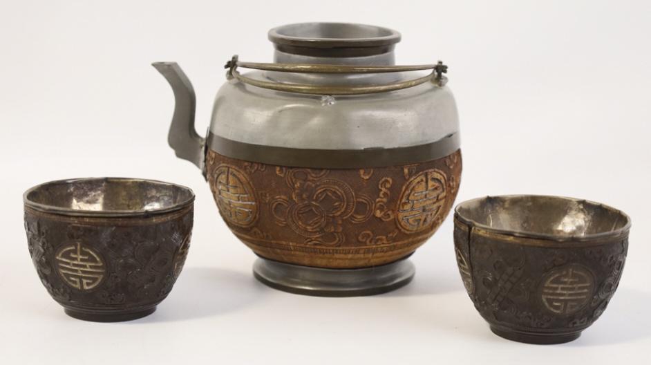 Three Piece Chinese Pewter & Coconut Tea Set (1 of 10)