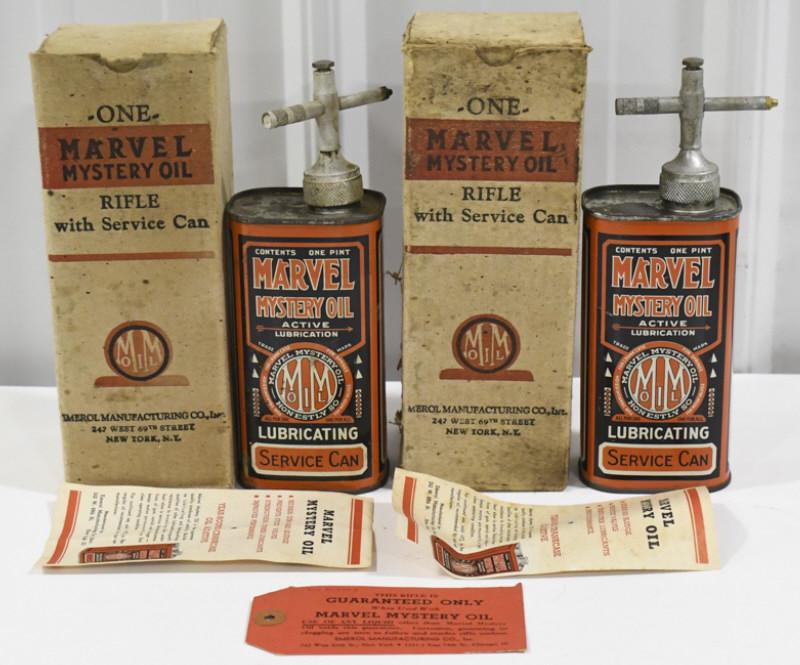 (2) Vintage NOS Marvel Mystery Oil Rifle w/ Cans: Lot of two vintage new old stock Marvel Mystery Oil Rifle with Service Cans in original boxes. They appear to be new old stock with wear from age and storage. They measure approximately 8-1/2" tall.