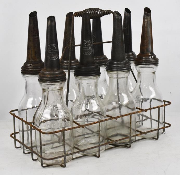 Set Of (8) One Quart Glass Oil Bottles w Carrier (1 of 9)