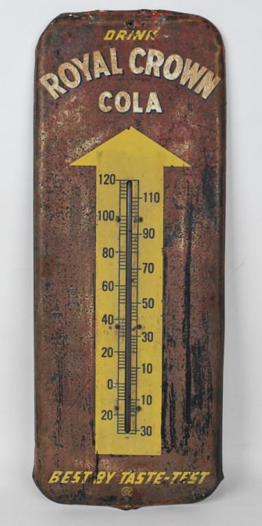 Vintage SST Royal Crown Cola RC Adv Thermometer: VIntage single sided metal Royal Crown Cola RC advertising thermometer. Appears to be in overall worn condition with paint loss, surface rust, discoloration, dents, and wear from use and age. Displays