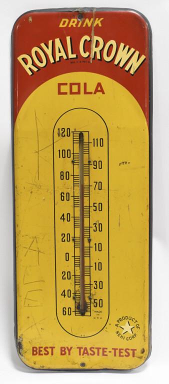 Early SST Royal Crown Cola Adv Thermometer: Early single sided metal Royal Crown Cola advertising thermometer. Appears to be in fair condition with paint loss, scratches, discoloration, and wear from use and age. It measures approximately 25-3/