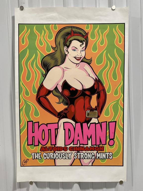 COOP Silk Screen Altoids Advertising Poster: Vintage Coop silk screen Altoids advertising art poster. Appears to be in overall good condition with some light creases,staining, and wear from age and storage. there is tape around the edges on the