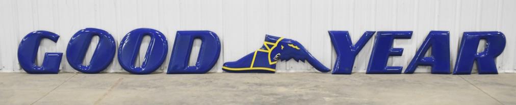 Large Vintage SSP Goodyear Tires Adv Sign: Large 9-piece single sided porcelain Goodyear Tires advertising sign. Appears to be in nice condition with light porcelain loss, discoloration, and wear. The winged foot measures approximately 47" acr