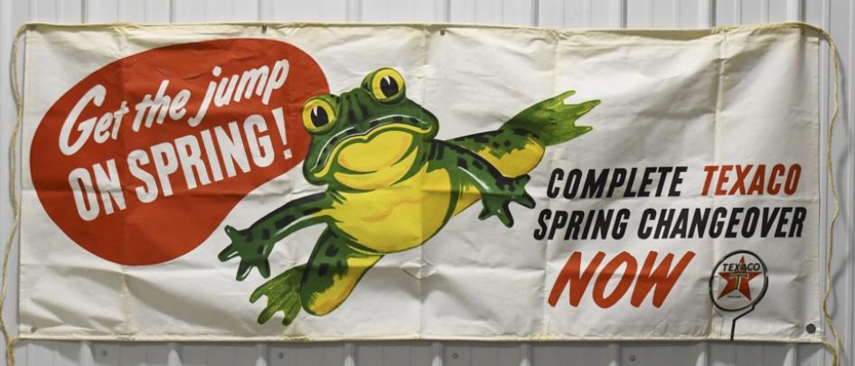 Vintage Texaco Cloth Advertising Banner: Vintage Texaco " Get The Jump On Spring" cloth advertising banner. Appears to be in nice condition with discoloration, creases, and wear from age. It displays wellw ith nice frog graphic. Overall it m