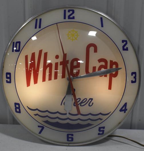 Vintage White Cap Beer Double Bubble Glass Clock: Vintage White Cap Beer double bubble lighted glass advertising clock by Advertising Products. Clock appears to be in overall good condition with some paint loss on can and wear from use and age. Displ