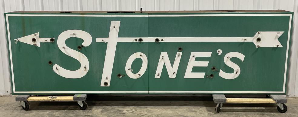 10ft Vintage DSP Stones Neon Advertising Sign: 10ft vintage double isded porcelain "Stones" neon advertising sign. Appears to be in overall good condition with missing neon, fading / discoloration, , rust on can, and wear from use and age. It meas