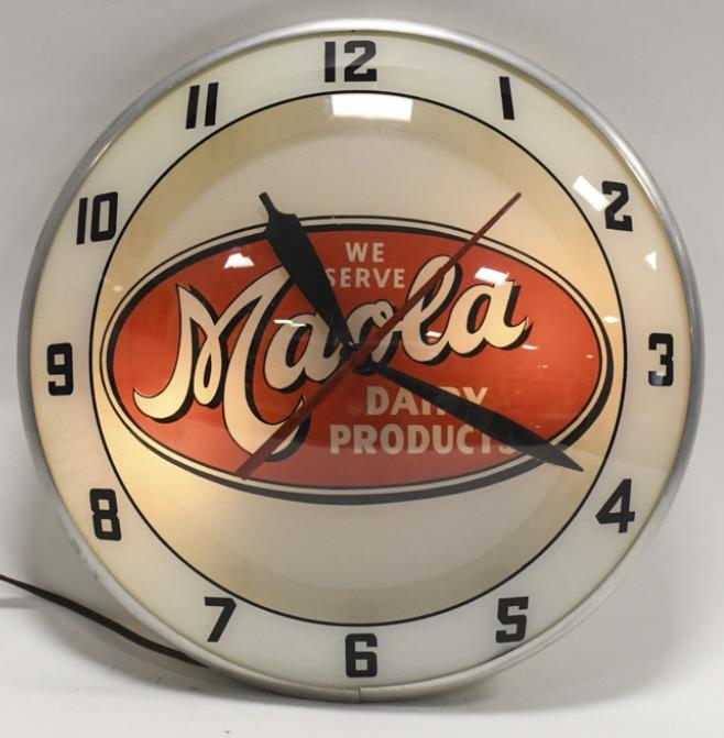 Vintage Maola Dairy Products Double Bubble Clock: Vintage Maola Dairy Products double bubble lighted glass advertising clock by Advertising Products. Clock appears to be in overall good condition with some paint loss on can and wear from use and age.