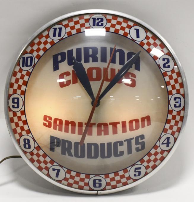 Vintage Purina Chows Double Bubble Glass Clock: Vintage Purina Chows double bubble lighted glass advertising clock by Advertising Products. Clock appears to be in overall good condition with some paint loss on can and wear from use and age. Clock i