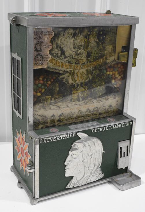 1 Cent Calvert Fortune & Confection Trade Stimulator: Early 1 Cent cast metal Calvert " Fortune & Confection" trade stimulator / gum vendor. Appears to be in overall nice condition with an older restoration. Graphic face is original. Overall it measures