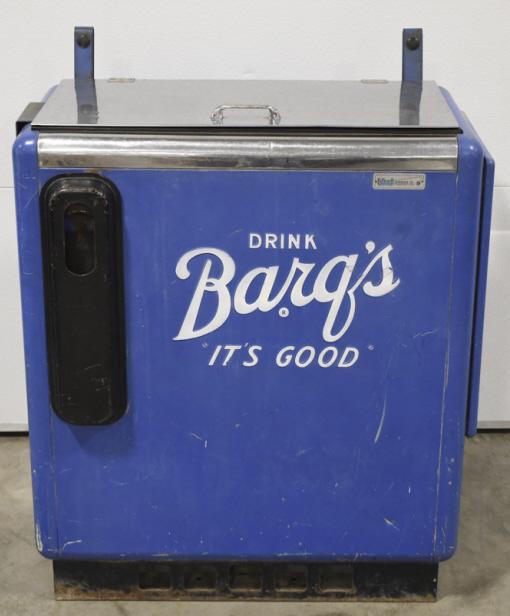 Vtg Barq's Ideal Dispenser Co. A-55 Slider Machine: Vintage Barq's Root Beer embossed Ideal Dispenser Co. model no.A-55 slider vending machine. Appears to be in unrestored original cosmetic condition with paint loss, discoloration, and wear from use an