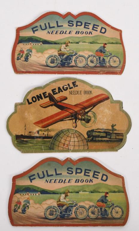 Early Motorcycle / Airplane Graphic Needle Books: Lot of three early motorcycle / airplane graphic needle books. They vary in condition with some creases, edge tears, and wear from use and age. they displays well with fantastic colors and graphics. L