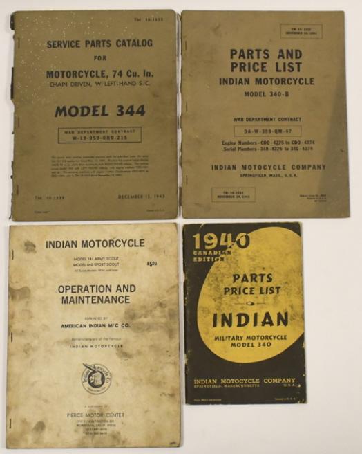 WWII Era Indian Motorcycle Parts List & Manual Lot: Lot of four World War II era Indian Motorcycle parts price list catalogs and repair manuals. Lot includes a 1940 Canadian Military Motorcycle Model 40 Parts and Price List, Model 741 & 640 Operation a