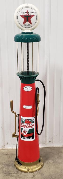 Texaco Sky Chief Pedal Car Gas Pump: Texaco Sky Chief pedal car sized gas pump. Good condition with light display wear. Displays well with realistic detail. Measures approximately 56" tall.