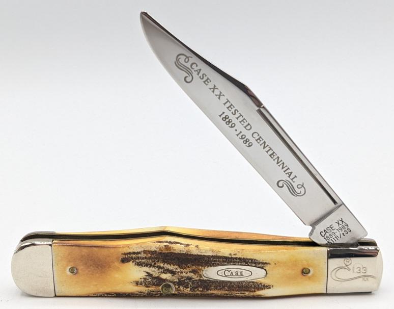 1989 Case XX Centennial Cheetah 5111 1/2 Knife: 1989 Case XX Centennial Cheetah 5111 1/2 Stag Handle Pocket Knife. Knife has Case XX Tested Centennial 1889-1989 etched on blade and Case XX logo engraved on front bolster with No. 133. Knife is in ni