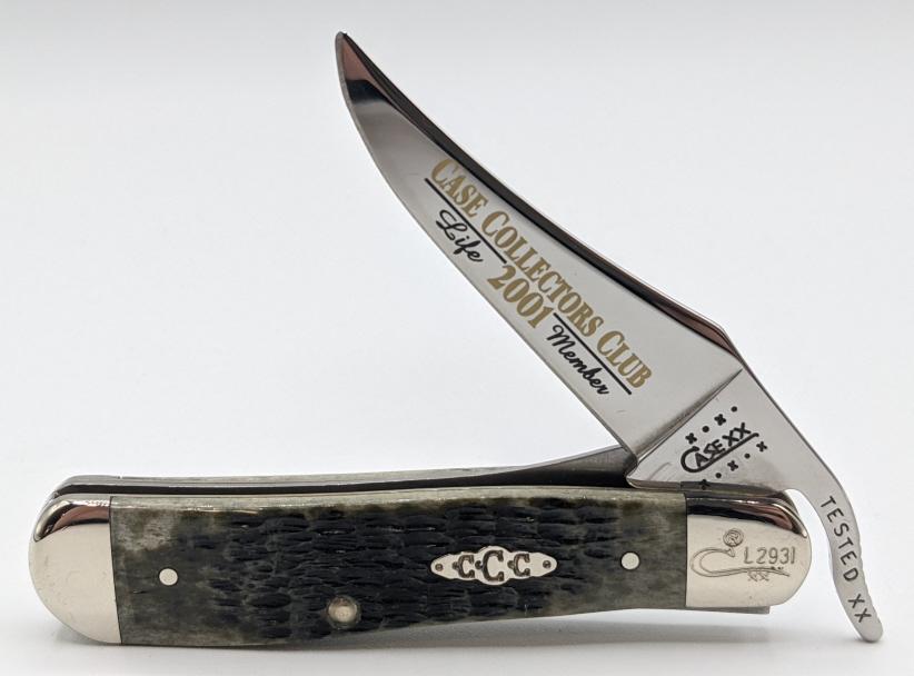2001 Case XX Collectors Club Life Member Russlock: 2001 Case XX Collectors Club Life Member Russlock 61953 Pocket Knife. Bolster is engraved with the Case XX logo and production no. L2931. Knife is in nice condition just needing polishing from shelf w