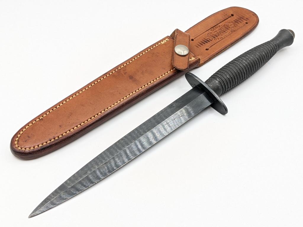 Vintage Randall / Sykes Commando 7in Stiletto: Vintage Randall / Sykes Commando 7in Stiletto w/ Randall Rough Back Sheath, Ribbed Metal Handle, and Pointed Double Hilt. These knives were bought by the Randall Co. and then retailed with offical Ran
