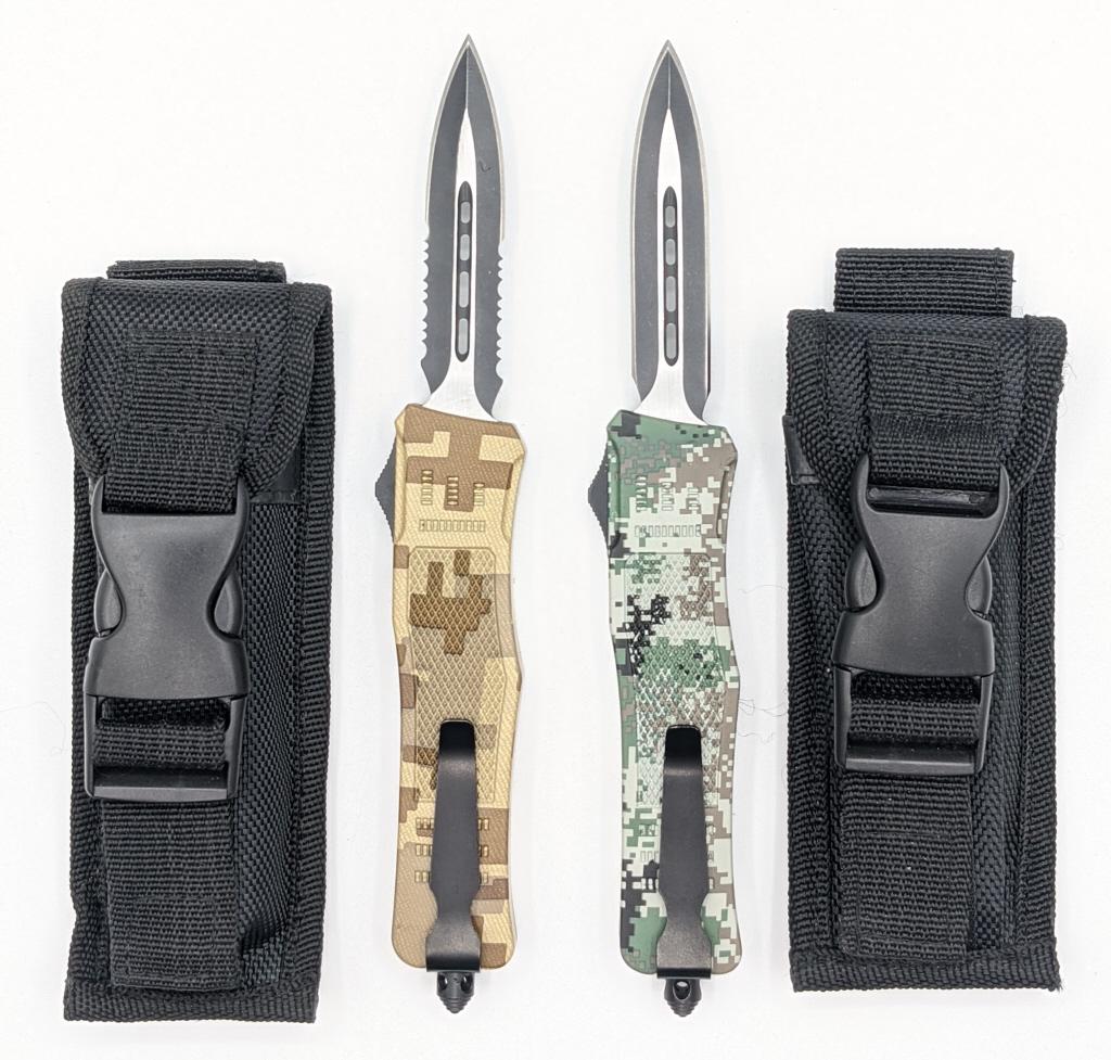 (2) Delta Force OTF Tactical Knives w/ Glass Break: (2) Delta Force OTF Tactical Knives w/ Glass Breaker and Black Carrying Cases. Knives are in like new condition. One knife with half saw tooth blade and tan digital camo handl and one with plain blade