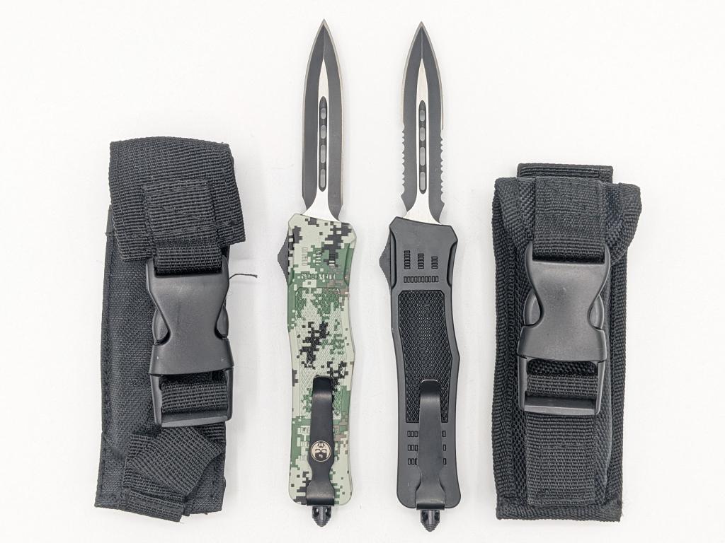 (2) Delta Force OTF Tactical Knives w/ Glass Break: (2) Delta Force OTF Tactical Knives w/ Glass Breaker and Black Carrying Cases. Knives are in like new condition. One with plain blade and grey digital camo and one with saw tooth blade and black handl