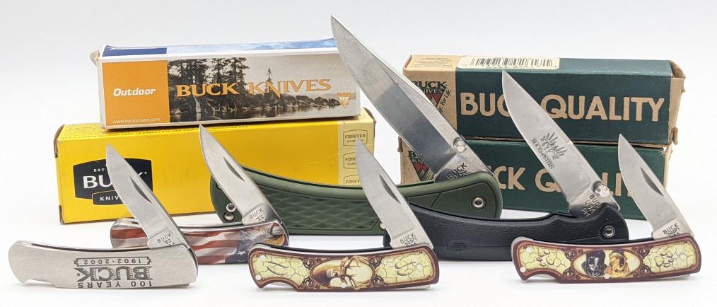 (6) Buck Slim Hunting and Fishing Pocket Knives: (6) Buck Slim Hunting and Fishing Pocket Knives. Various knives small and large. Largest knife blade length measures 3.75in and 8in overall length when open.