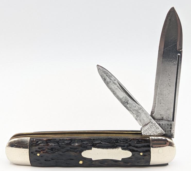 Hibbard Spencer & Bartlett 2 Blade Jack Knife: Hibbard Spencer & Bartlett 2 Blade Jack Knife 9775. Knife is in nice condition with scuffs on blosters and blades and various pitting. Blades hace been sharpened. Longest blade length of 3-1/4in and o