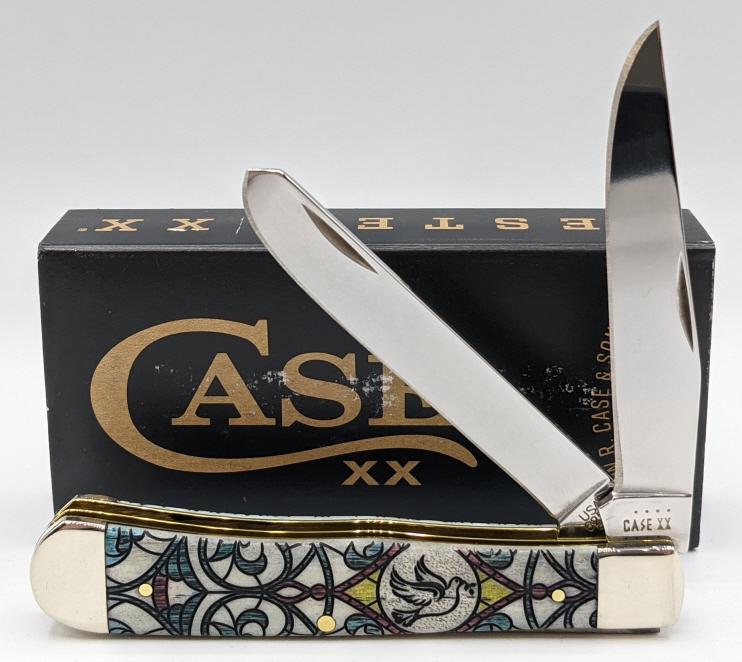 2022 Case XX Stained Glass Mosaic Dove Trapper: 2022 Case XX Stained Glass Mosaic Dove Natural Bone Color Wash Trapper in Original Packaging. Knife is in like new condition. Largest blade length of 3-1/4in and overall length of 7-3/8in when open.