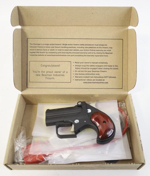 Bearman BBG380 .380 Auto Derringer New In Box: New in box Bearman Model BBG380 Derringer in .380 Auto. The black finish derringer is in new unfired condition with a 2.75" barrel and rosewood grips. Comes with lock and instructions. SN: BT071214. F