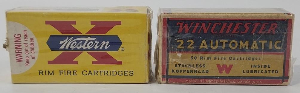 100 Rounds Vintage Winchester .22 Auto Cartridges: 100 rounds of boxed vintage Winchester .22 Auto cartridges. Lot includes (50) Staynless Kopperklad and (50) Western X 45 grain Lubaloy . Comes in original boxes.
