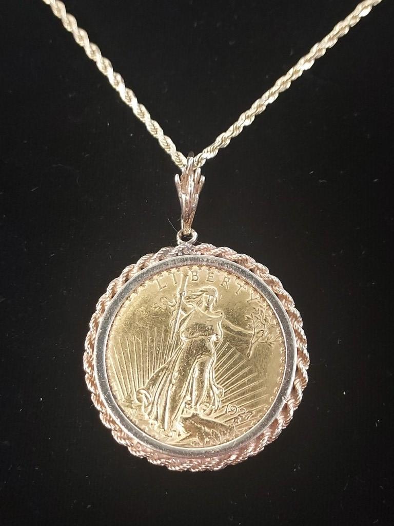1927 U.S. $20 Gold Coin With 14K Bezel & Chain (1 of 3)