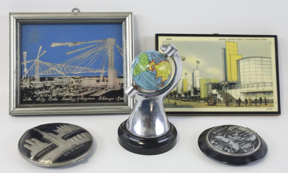 (5) 1933-34 Century Of Progress Chicago Souvenirs: Lot includes two compacts, 4-1/2" globe, a mirror, and a wall plaque.