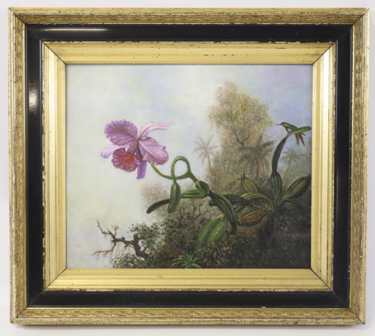 Tropical Brazilian Landscape After Martin Heade: Beautiful oil on board painting after listed New York-California-Florida artist Martin Johnson Heade. The painting features a tropical Brazilian landscape. Painting is unsigned. Sight measures approxi