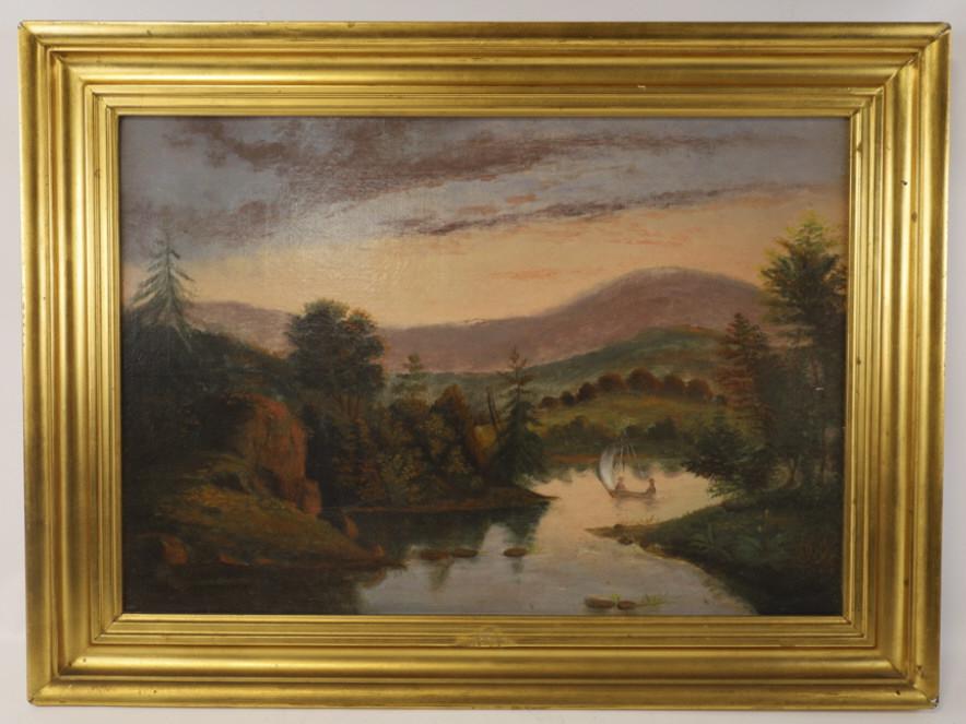 Jacob Cox Landscape Oil On Canvas Painting: Beautiful oil on canvas painting by listed Indiana artist Jacob Cox (1810-1892). The painting features a Summer landscape at dusk with two people in a boat. Painting is signed in the lower left. Canva