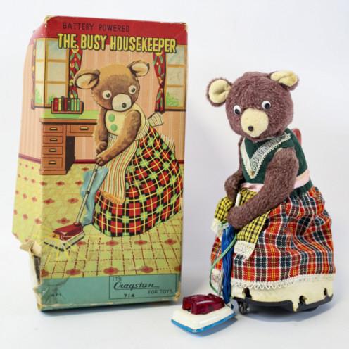 Cragstan "Busy Housekeeper" Battery Operated Toy: Vintage Cragstan "The Busy Houskeeper" battery operated bear toy. The toy is in nice condition in the original box. Measures 8.5" tall, untested. Box is in fair condition.