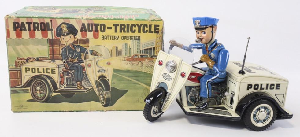 Japan Tin Litho "Patrol Auto-Tricycle" Toy In Box (1 of 11)